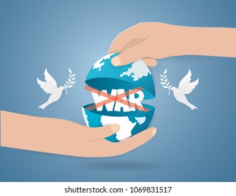 The hands are closing the world with the word WAR inside and white pigeons fly in,International Day of peace concept ,vector and illustration.