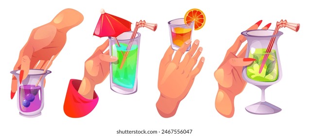 Hände mit Cocktailgläsern isoliert auf weißem Hintergrund. Vektorgrafik-Cartoon-Illustration von männlichen und weiblichen Fingern, die Glasbecher mit Alkoholgetränken, Fruchtsaft, kalten Minzgetränken halten, Partygäste