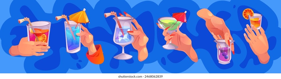 Hands with cocktail glasses isolated on blue background. Vector cartoon illustration of peoples fingers holding glass cups with alcohol drinks, fruit juice, cold mint and berry beverages, party guests