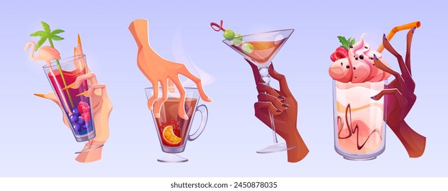 Hands with cocktail glasses set isolated on background. Vector cartoon illustration of male and female fingers holding glass cups with alcohol drinks, fruit juice, spicy hot tea, cold beverages