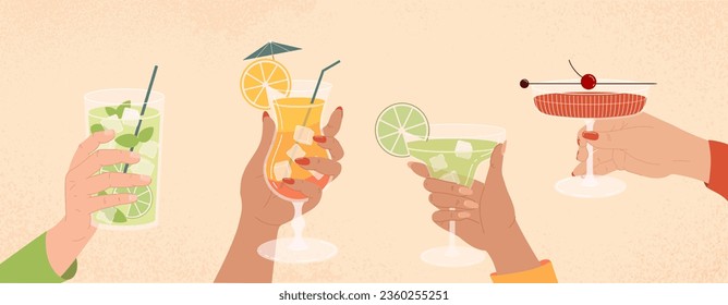 Hands with cocktails set. Men and women with glasses with colorful drinks. Beverage and alcoholic liquid with fruits and straws. Cartoon flat vector collection isolated on beige background