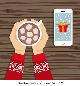 Hands with cocoa drink and phone laying on wooden table. Top view vector illustration. Christmas theme.