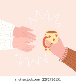 Hands with coffee, breakfast energy drink for conversation. Give tea or cocoa cup, warm friendship or relationship. Woman hold racy mug vector card