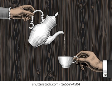 Hands with a coffee cup and a coffee pot. Coffee concept. Vintage engraving stylized drawing. Vector illustration