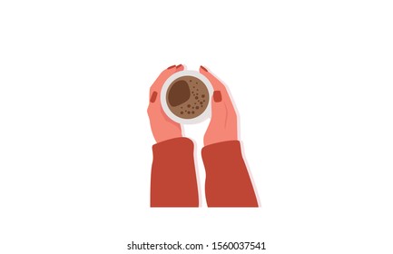 Hands with coffee cup vector illustration. Top view female hands holding coffee mug. Hot drink, caffeine concept. Isolated on white.