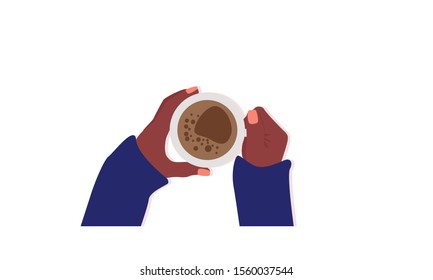 Hands with coffee cup vector illustration. Top view female hands holding coffee mug. Hot drink, caffeine concept. Isolated on white.