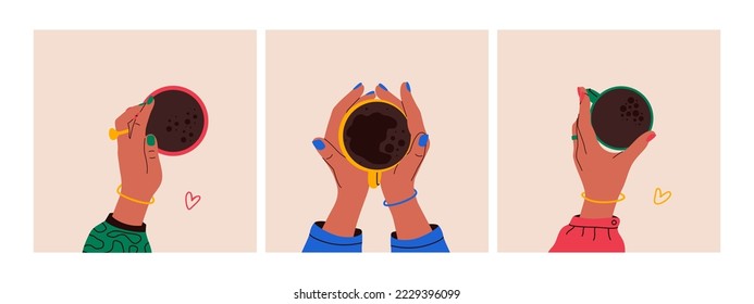 Hands with coffee cup. Woman holding mug with tea cacao latte beverage, hot drink top view. Vector cartoon isolated set