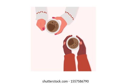 Hands with coffee cups vector illustration. Different race female hand holding coffee mugs with americano. Friendship, sisterhood, love, caffeine concept. Isolated on light pink. Top view.