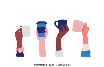 Hands with coffee cups vector illustration. Diverse female hand holding different coffee cups and mugs. Friendship, sisterhood, caffeine concept. Isolated on white.