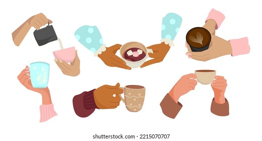 Hands with Coffee cups, vector illustration. Diverse Hands holding different Coffee Cups and mugs. Female and male Hands. Concept of caffeine. Isolated on white background.