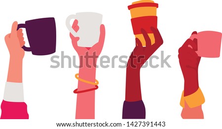 Hands with coffee cups vector illustration. Diverse female hand holding different coffee cups and mugs. Friendship, sisterhood, caffeine concept. Isolated on white.