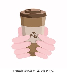 Hands and coffee in a disposable cup. Coffee beans, hot drink. International Coffee Day. Vector graphics. Flat illustration. Isolated background.