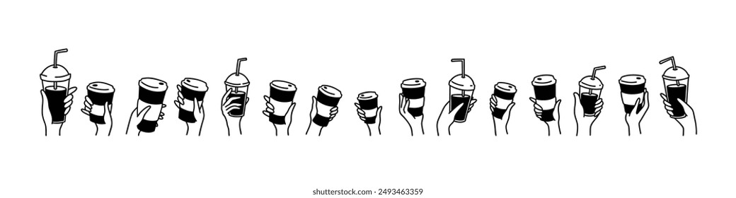 Hände mit Kaffee-Doodle-Set. Handgezeichnete Illustration für Linienkunst. Einwegbecher aus Papier. Letztere, Tee, Kaffee, Mokka, Matcha, Espresso, Frappuccino Icon Set. Menschenmenge. Männer und Frauen Hand