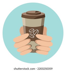 Hands and coffee in a glass.  Coffee beans. International Coffee Day. Vector graphics. Flat illustration. The background is isolated.
