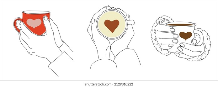 Hands with coffee line art illustration, Hot drink icon