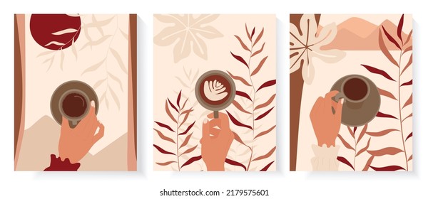 Hands with coffee mug. Abstract posters in minimalist boho retro style.