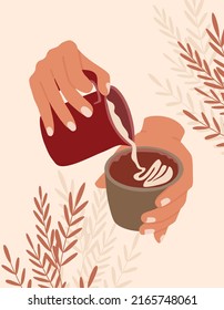 Hands with coffee mug and  jug. Barista makes coffee with milk. Poster in minimalist retro style.