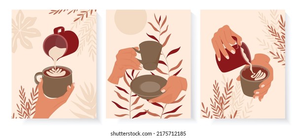 Hands with coffee mug and jug. Barista prepares coffee with milk. Set of abstract posters in minimalist boho retro style.