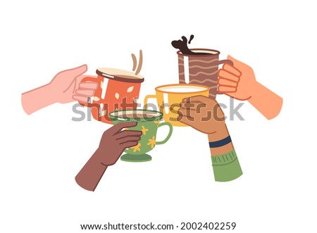 Hands with coffee or tea, isolated cheers to toasting, celebration and leisure. Aromatic beverage with caffeine, hot liquid in mugs. Cappuccino or espresso, doppio or mocha. Flat cartoon vector