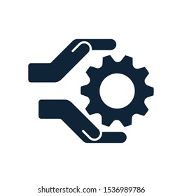 Hands with cog wheel, gear icon. Technical support, technical service concept. Tuning, setup system settings symbols. Gear between two hands. Vector illustration
