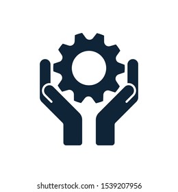 Hands With Cog Wheel, Gear Icon. Technical Support, Technical Service Concept. Tuning, Setup System Settings Symbols. Gear Between Two Hands. Vector Illustration