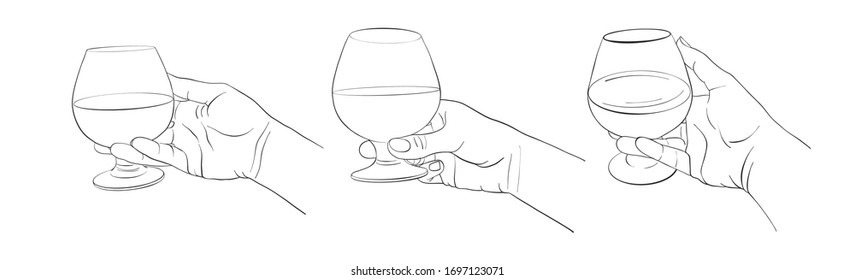 manos con gafas de coñac, dibujo de línea símbolo aislado con fondo blanco