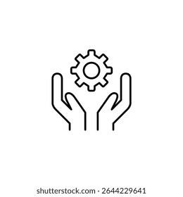 Hands and cogwheel. Manual control, user-driven settings, interactive configuration, hands-on adjustment, personalized setup. Pixel perfect, editable stroke vector icon