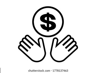 Manos y moneda. Dólar. Ilustración vectorial.