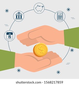 hands with coin and set icons vector illustration design