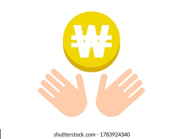 Hands and coin. Won, South Korean won. Vector illustration.