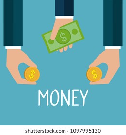 hands with coins and bills dollars money