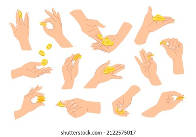 Hands with coins. man and woman hands with golden money, cartoon fingers with cents. Vector isolated set