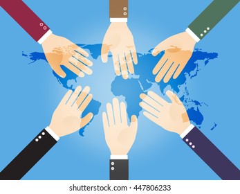 hands of collaborative businesspeople with world map