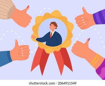 Hands of colleagues giving thumbs up to best employee. Popular business person with outstanding work results getting recognition flat vector illustration. Success, human resources, reputation concept