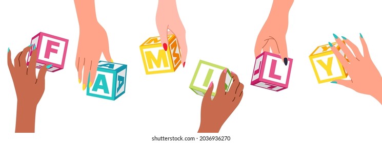 Hands collect cubes. Family cooperation and teamwork. Multiethnic group of people hands hold letters, teambuilding for workers. Horizonal banner. Vector cartoon flat style isolated concept