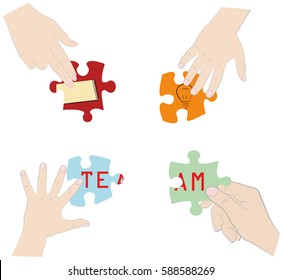 Hands collect puzzle with ideas. working together as a team. vector illustration.