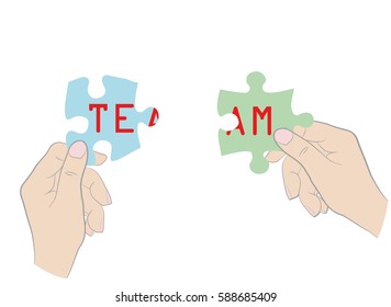 Hands collect puzzle with ideas. working together as a team. vector illustration.