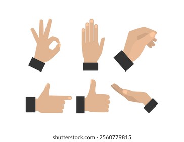 Hands collection with different poses in flat style. Gesturing hand set. Interactive communication set. Different poses, hold, point and count. Peace and thumb up.