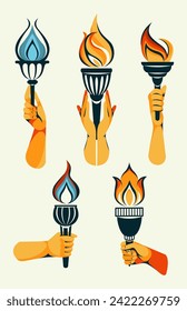 Hands collection with flaming torch. Burning torch flame in hand. Symbols of relay race, competition victory, champion or winner. Vector hand draw illustration isolated on white. Vector illustration