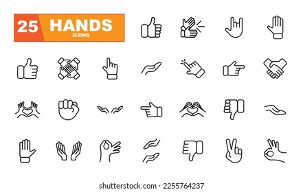 Hands collection icons set. Hand gestures, signals and much more. Set in thin line style