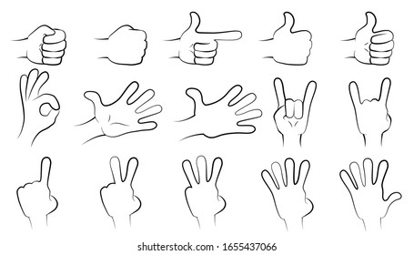 Hands collection isolated vector line illustration on white background. Horns, okay, thumb, one, two, three, four, five, fist hit Cartoon style