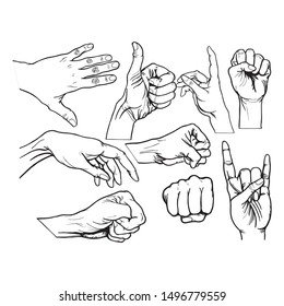 Hands collection line icon, Various gestures of human hands isolated on a white background. Vector flat illustration of female hands in different situations. Vector design elements