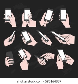 Hands collection on black background - hands holding phone vector illustration