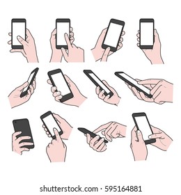 Colección de manos sobre fondo blanco - manos sosteniendo ilustración de vector de teléfono