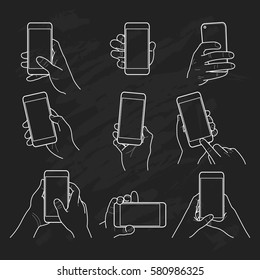 Hands collection outline on black background - hands holding phone 