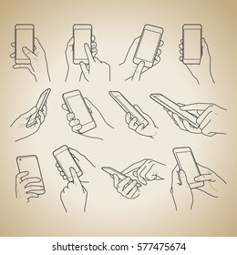 Hands collection outline on vintage background - hands holding phone