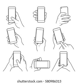 Hands collection outline on white background - hands holding phone 