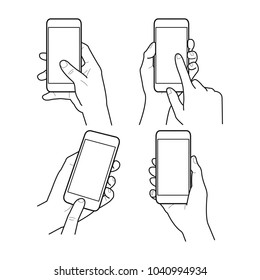 Hands collection, Vector illustration, Hand holding smartphone, Isolated, Outline, Doodle