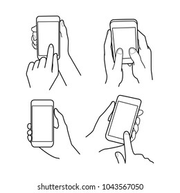 Hands collection, Vector illustration, Hand holding smartphone, Isolated, Outline, Doodle