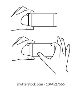 Hands collection, Vector illustration, Hand holding smartphone, Isolated, Outline, Doodle